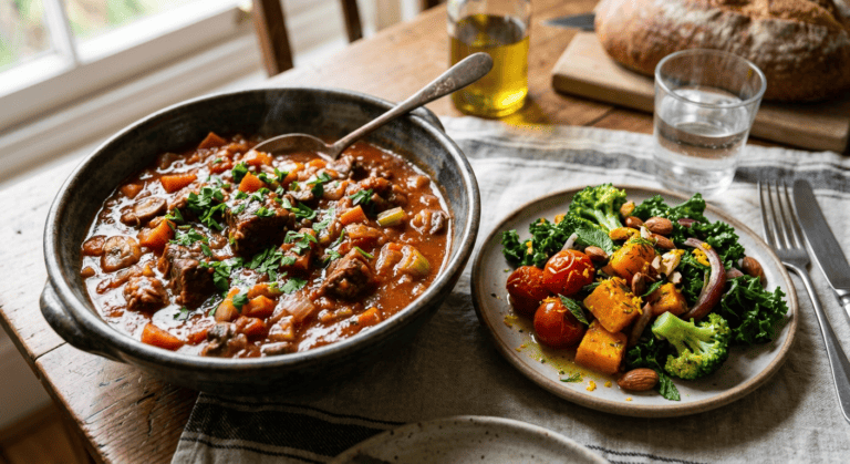 Ragout con ensalada templada de verduras y aliño cítrico